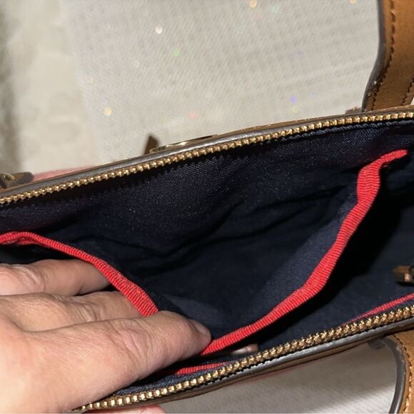 TH Ivory Coral Pink Brown Canvas Stripe Faux Leather Trim Medium Tote Handbag - Picture 11 of 15